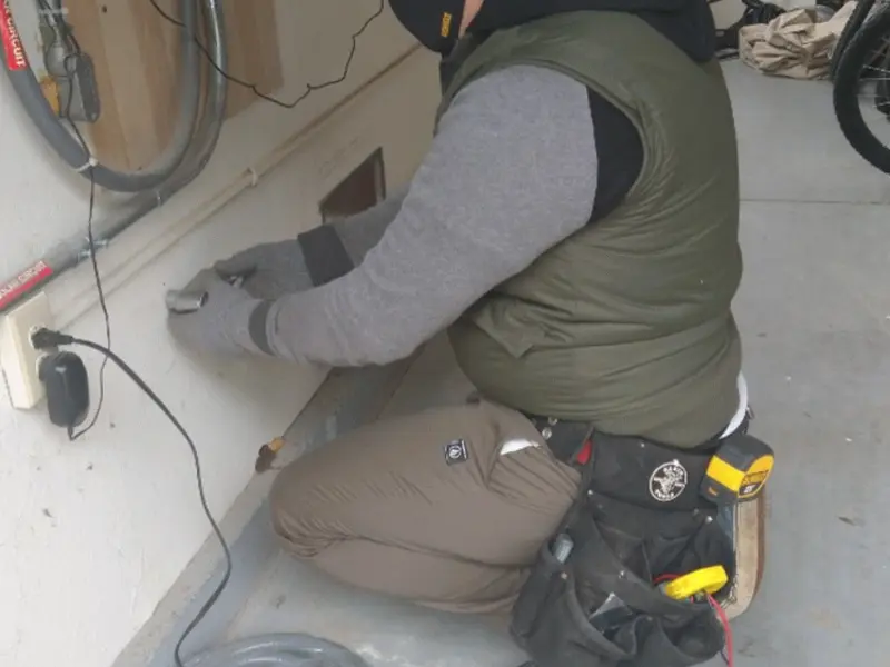 Electrician performing outlet wiring in a Cazenovia garage